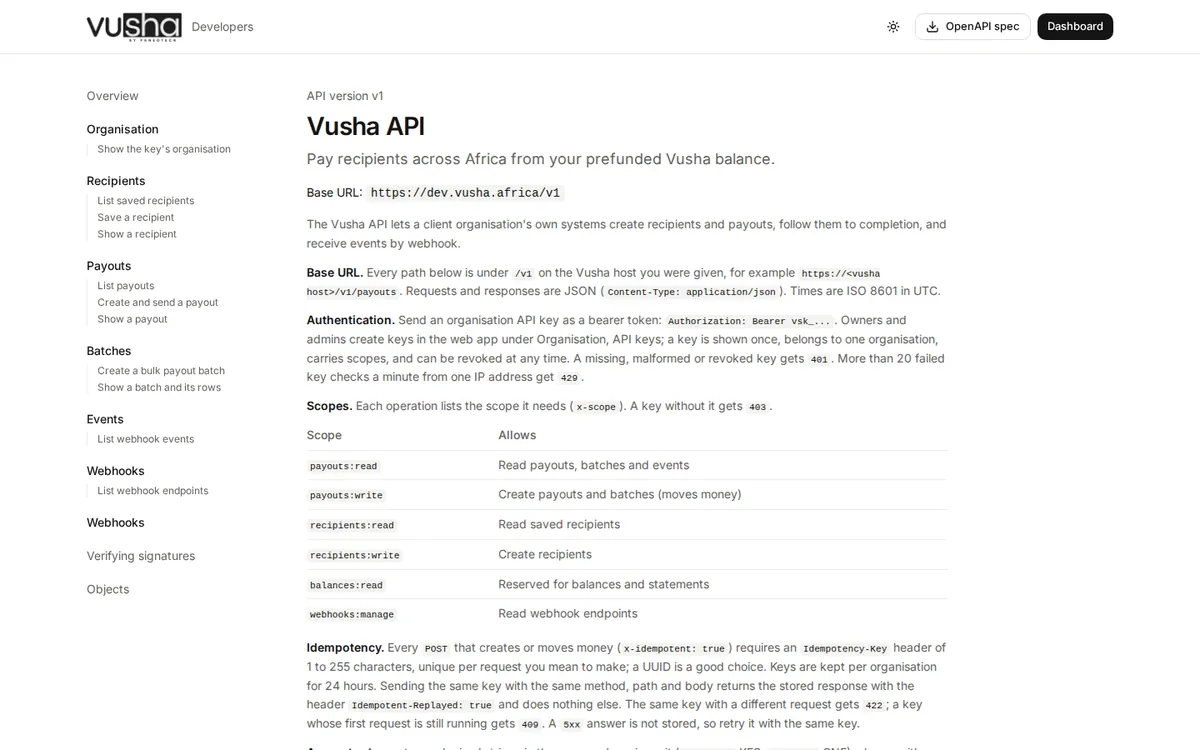 The Vusha API reference: base URL, authentication, scopes and idempotency.