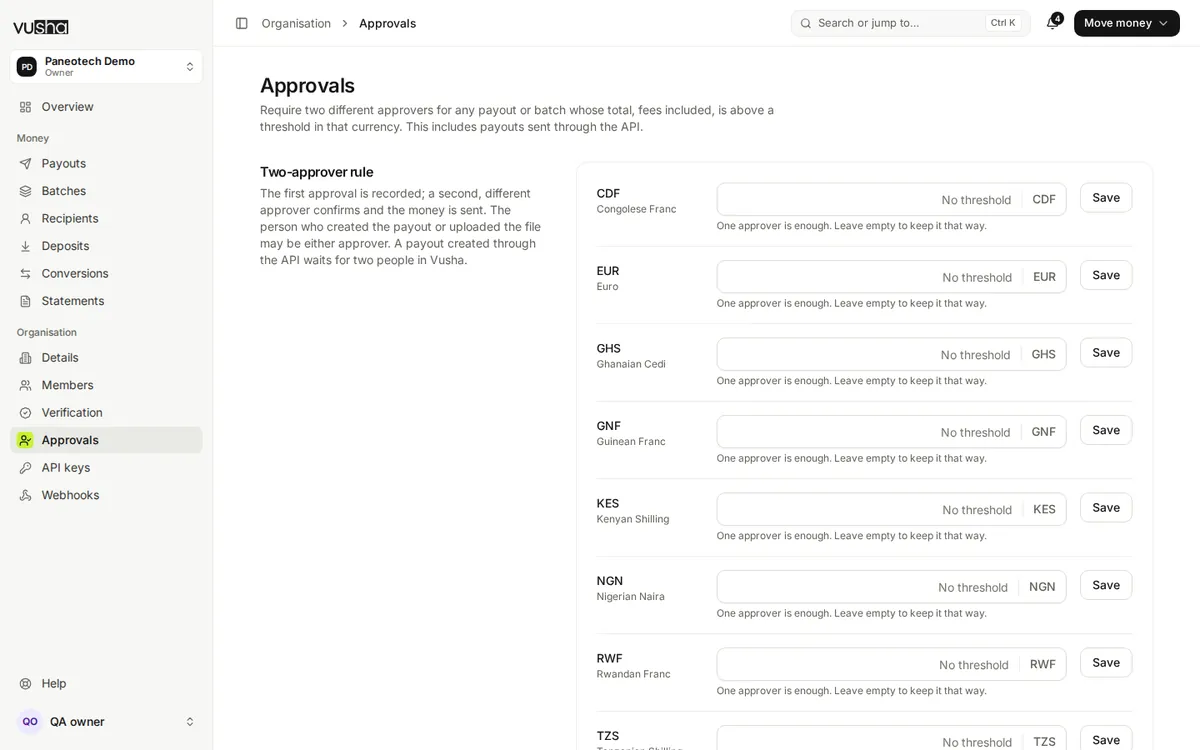 The Approvals screen: a two-approver threshold set per currency.