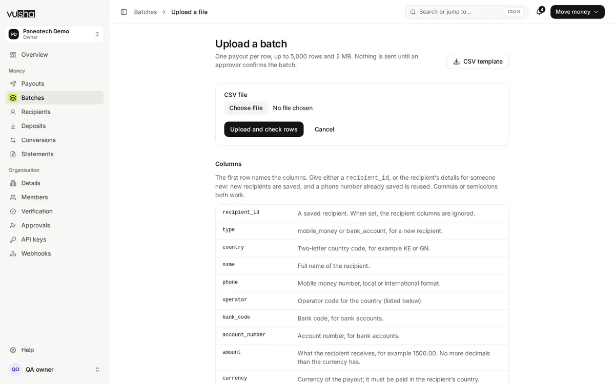 The Upload a batch screen: the CSV file picker, the template download and the list of columns.