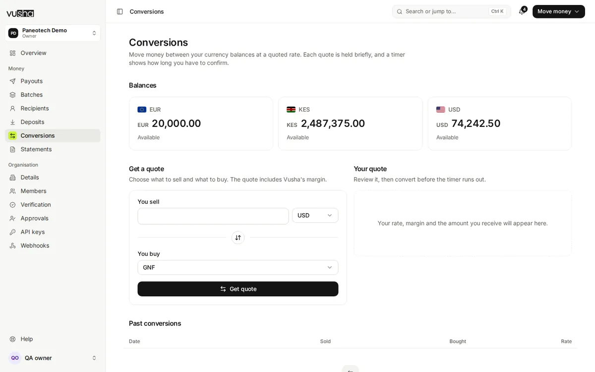 The Conversions screen: balances, the quote form with the currency sold and bought, and past conversions.