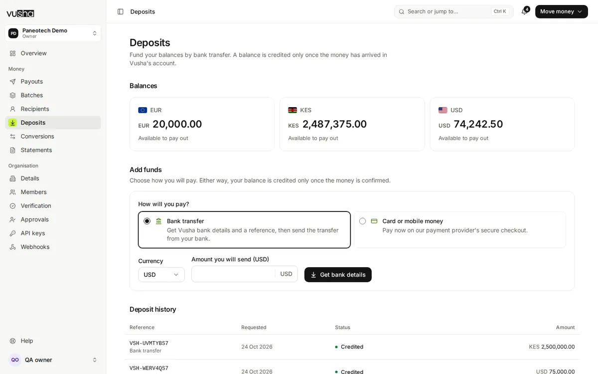 The Deposits screen: balances, the choice between bank transfer and card or mobile money, and the deposit history.