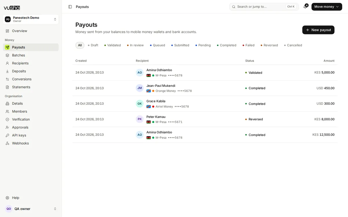 The Payouts list: each payout with its recipient, network, status badge and amount.