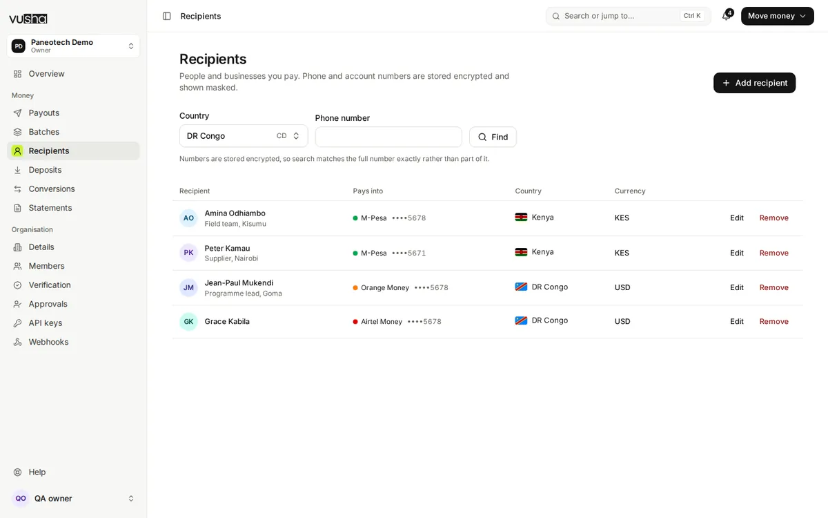 The Recipients list: saved recipients with their mobile money network, masked number, country and currency.