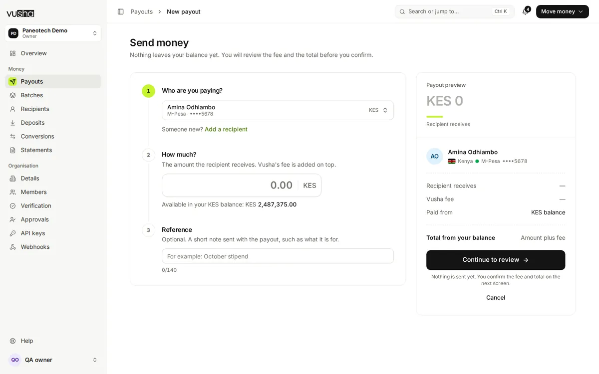 The Send money screen: choose a saved recipient, enter the amount, and a payout preview with Vusha's fee and the total from your balance.