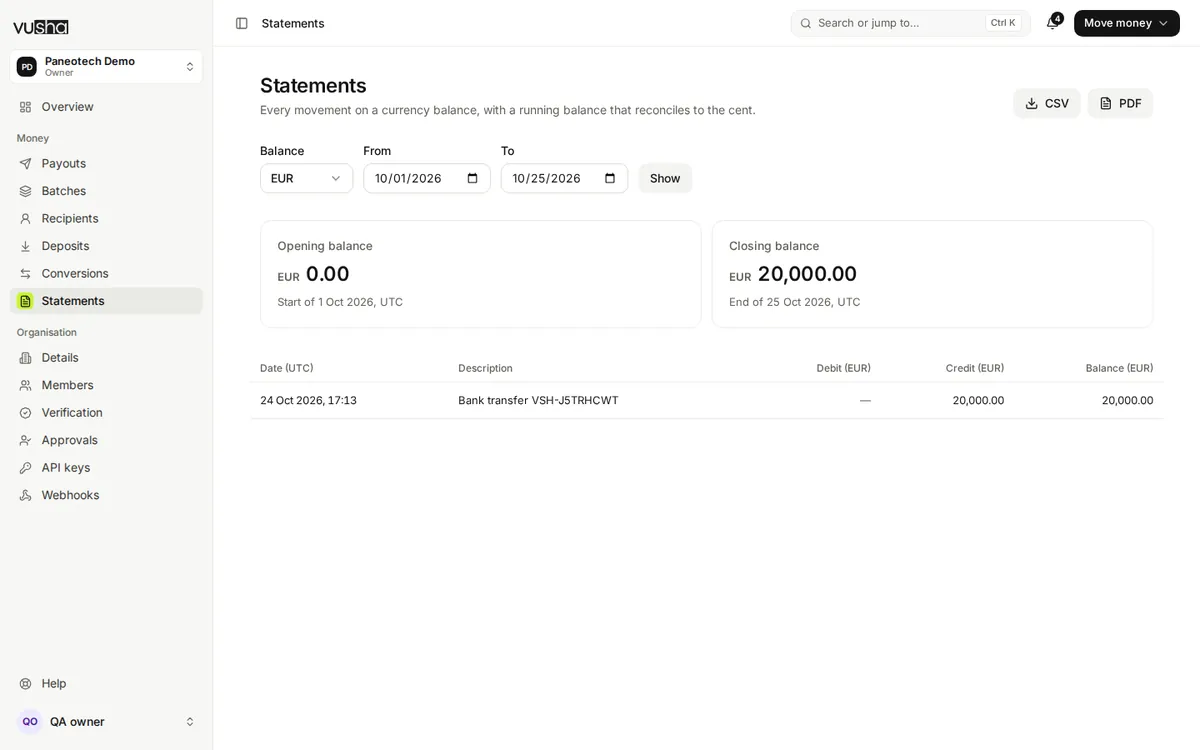 The Statements screen: a balance and period, opening and closing balances, and each statement line.